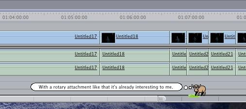 Bruce on a Final Cut Pro timeline with a thought bubble: 'With a rotary attachment like that, it's already interesting to me.'