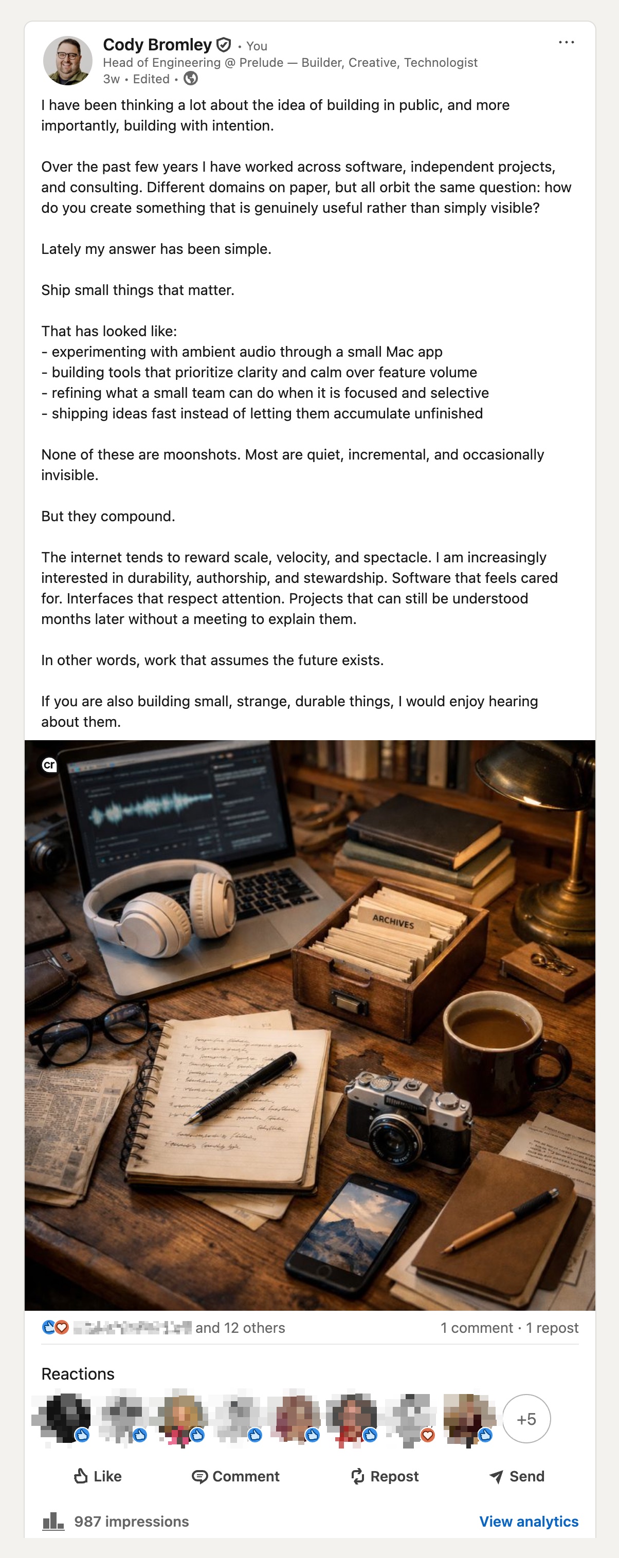The actual LinkedIn slop post, showing AI-generated content about building in public with an AI-generated image of a desk.